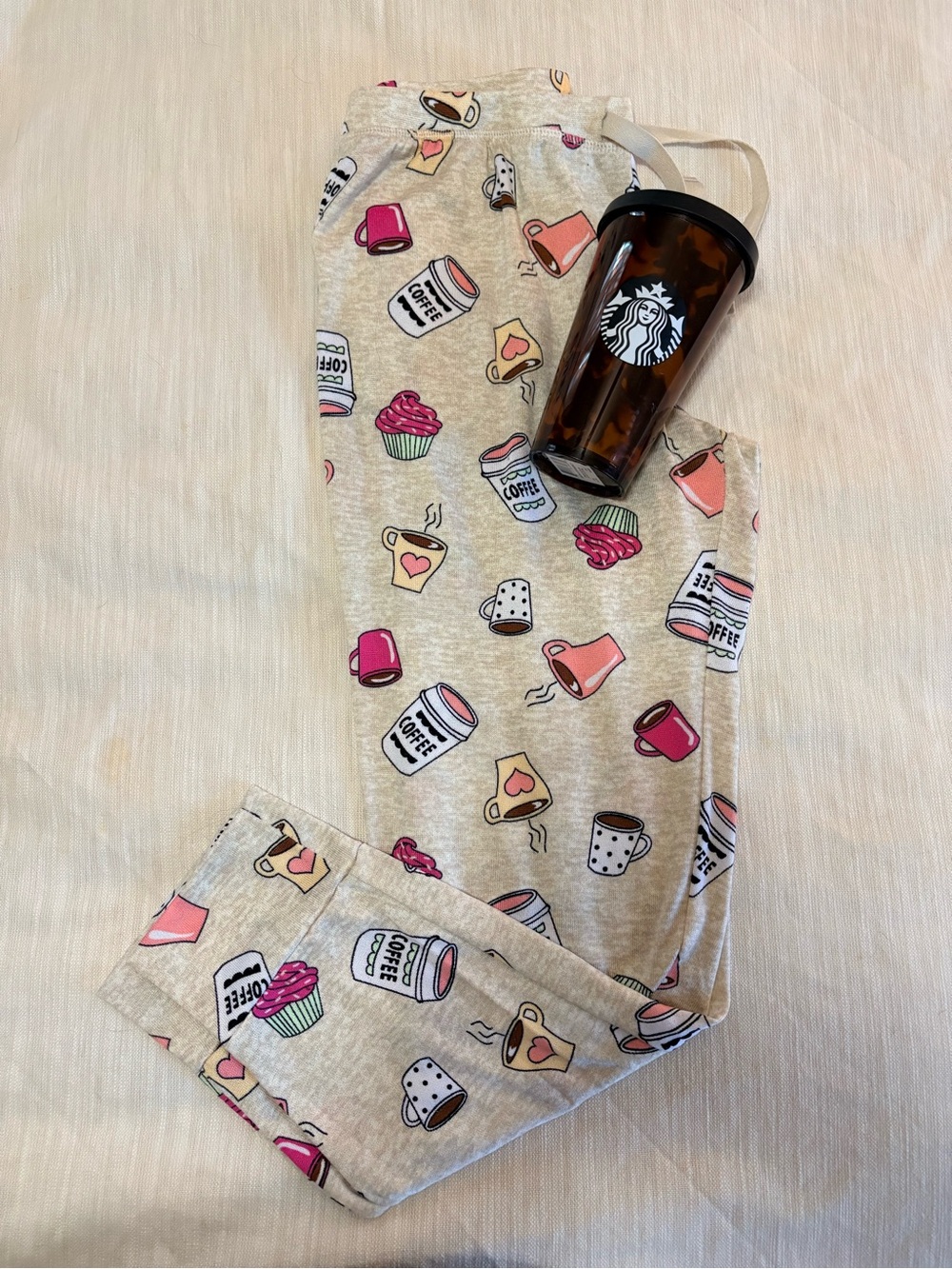 Ladies pj’s pants Beige Coffee & Cup size L & Starbucks tumbler(new) - Picture 2 of 7